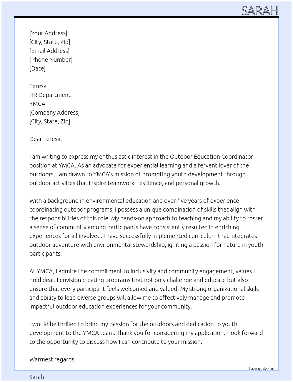Outdoor Education Coordinator At YMCA Cover Letter