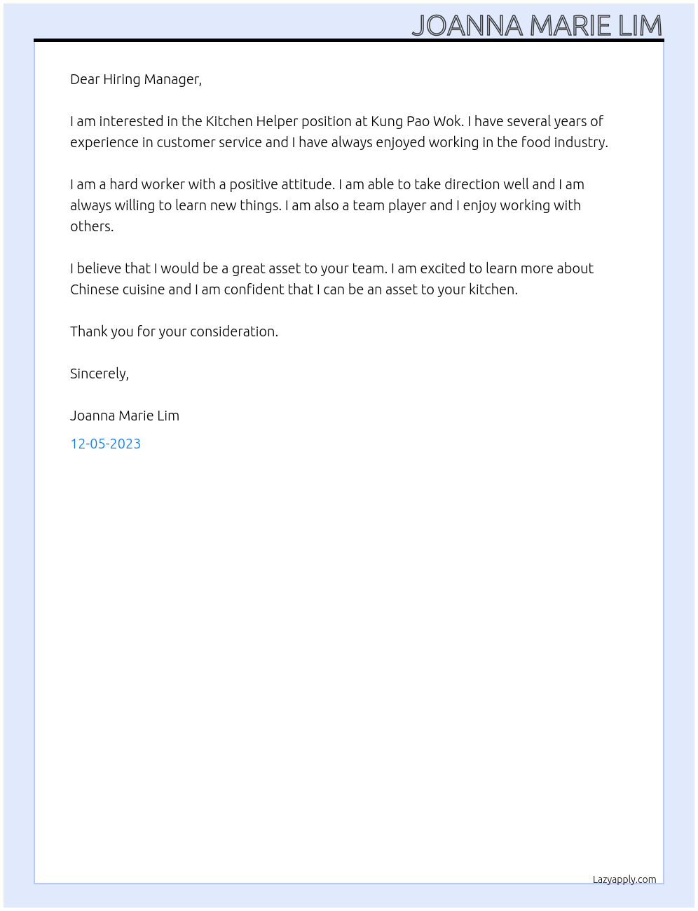 Kitchen helper At Kung Pao Wok Cover Letter