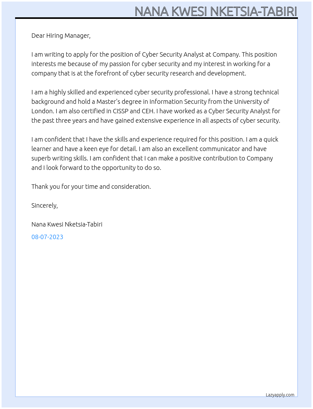 Cyber Security Analyst At Company Cover Letter
