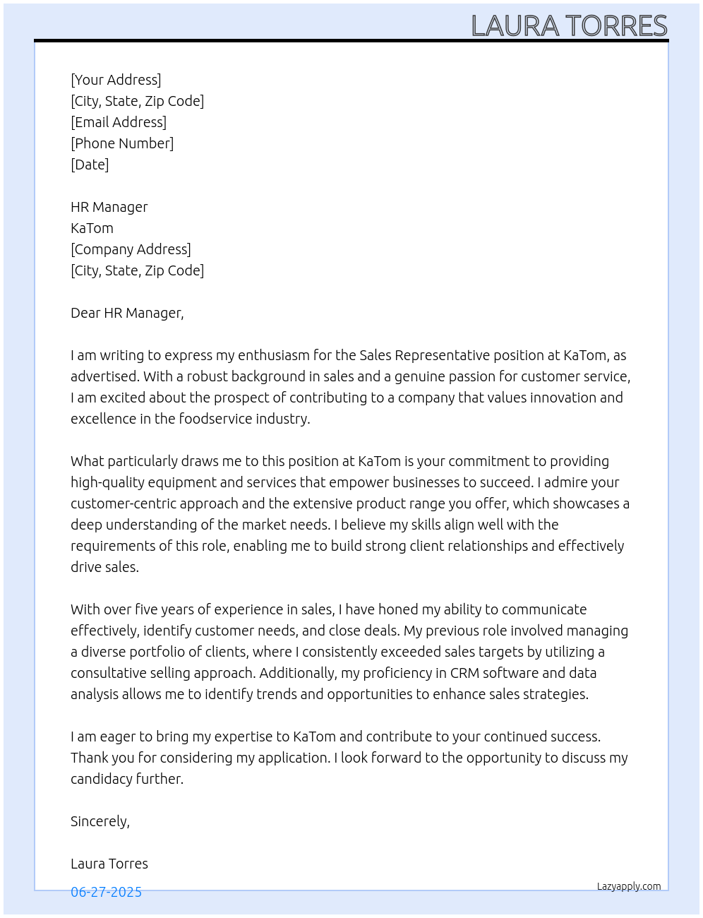 Sales Representative At KaTom Cover Letter