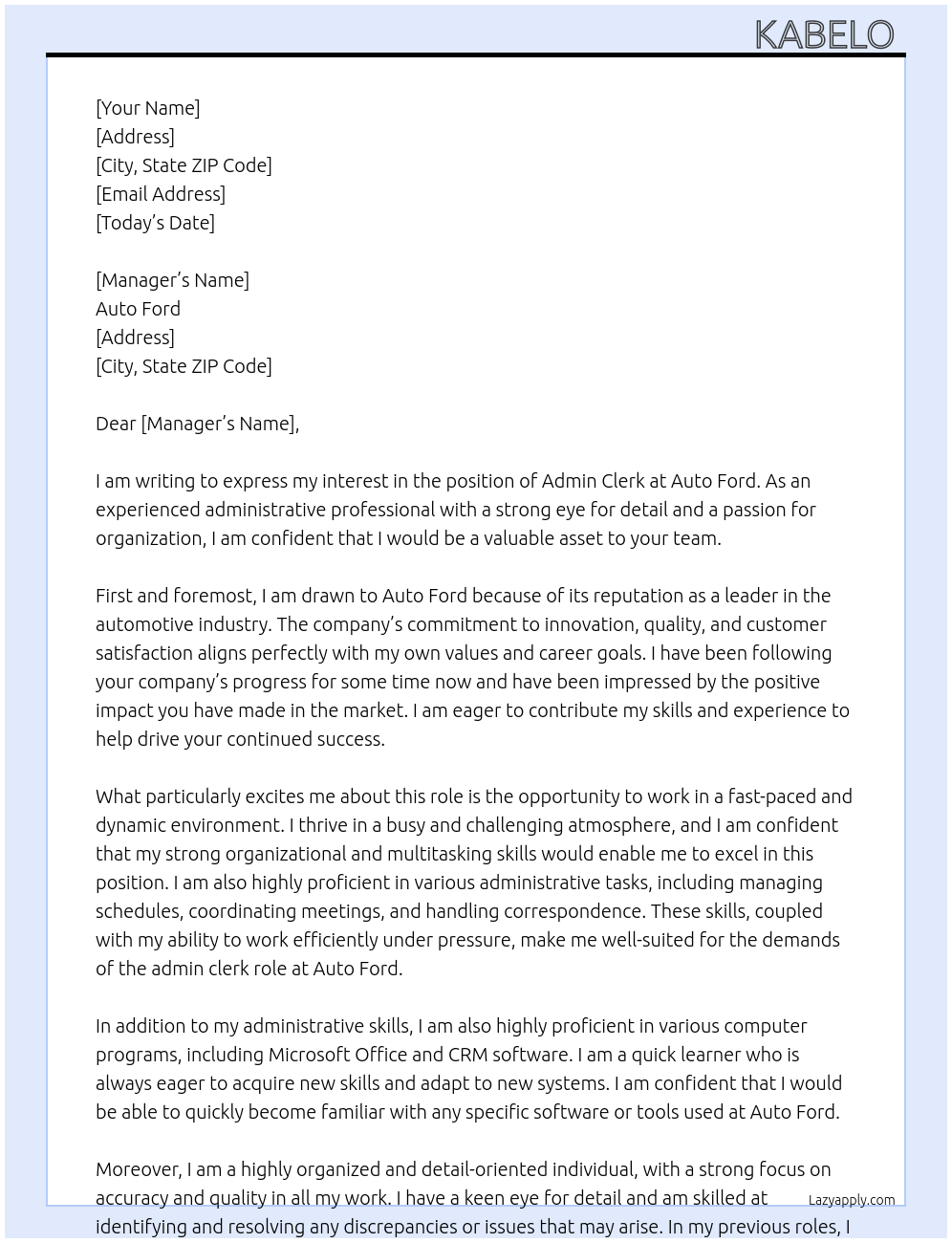 Admin clerk At Auto Ford Cover Letter
