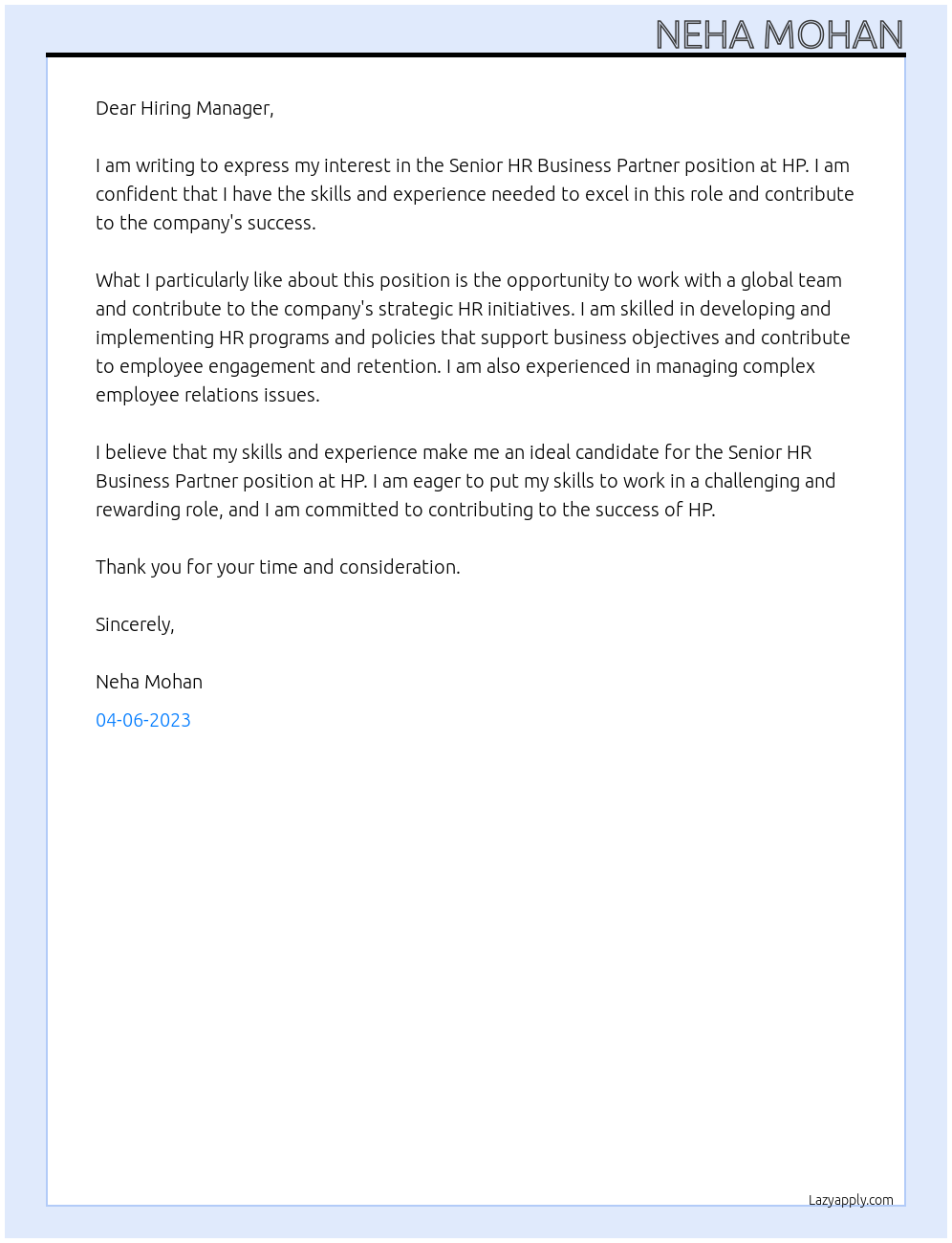Senior HR Business Partner At HP Cover Letter