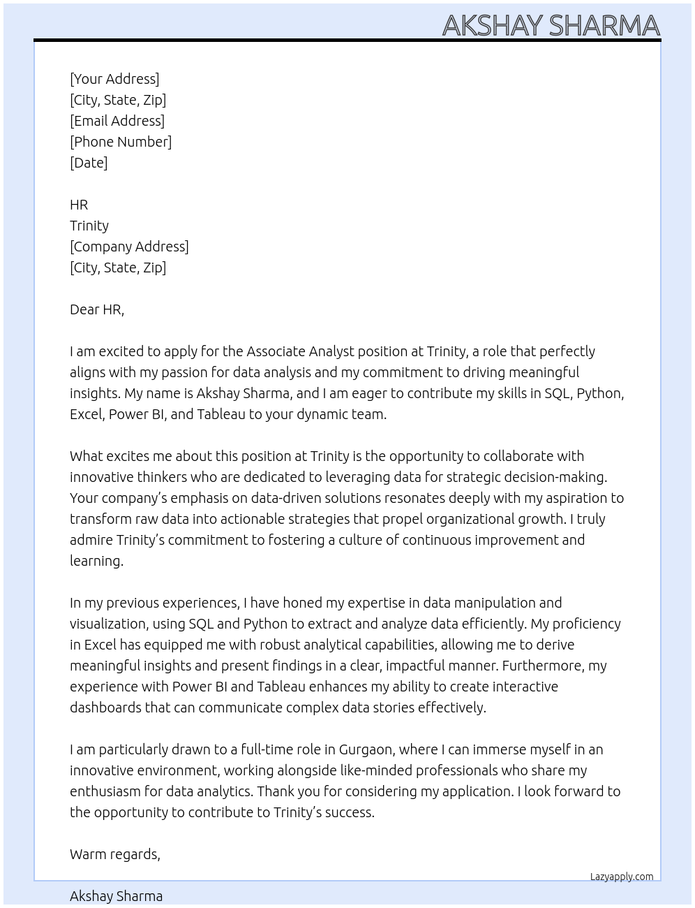 Associate analyst At TRINITY Cover Letter