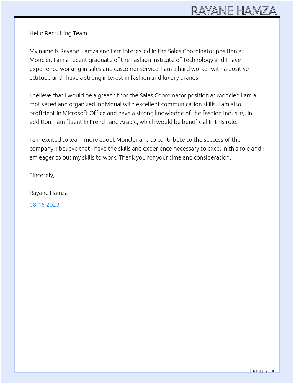 Sales Coordinator  At Moncler  Cover Letter