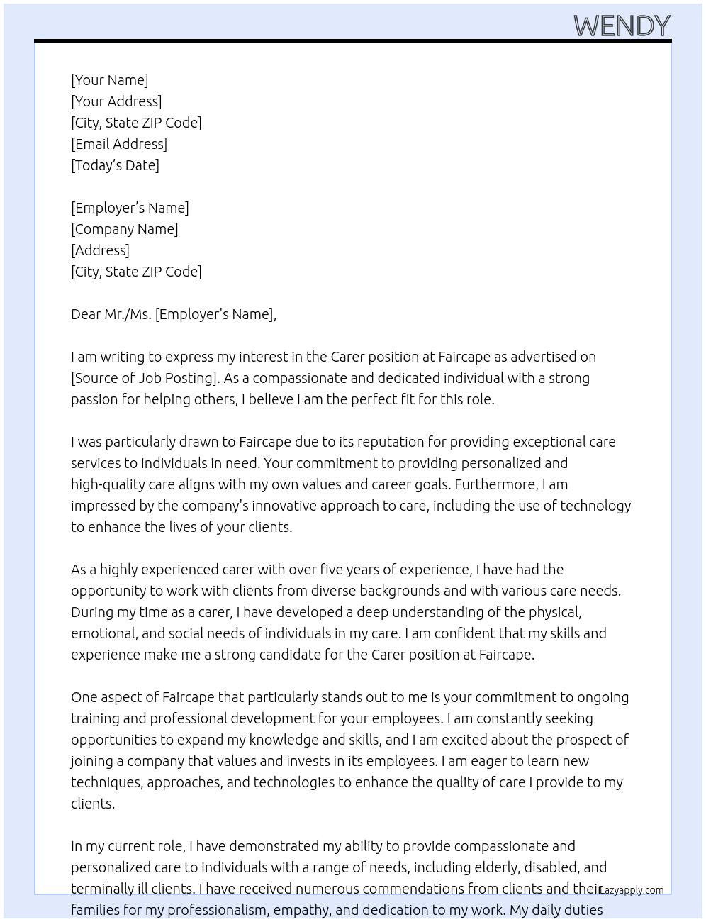 Carer At Faircape Cover Letter