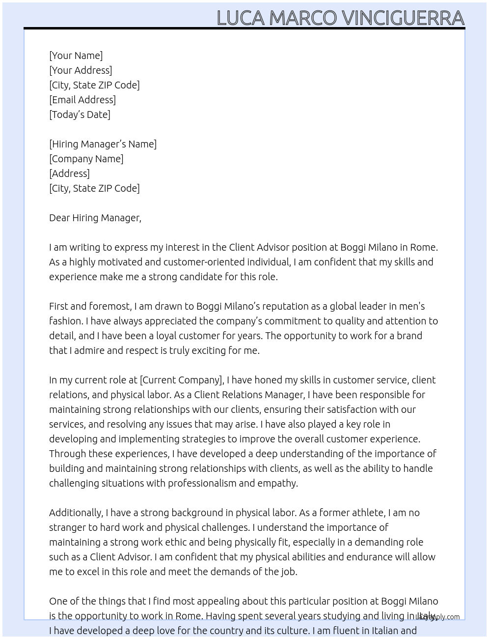 Client Advisor At Boggi Milano Cover Letter