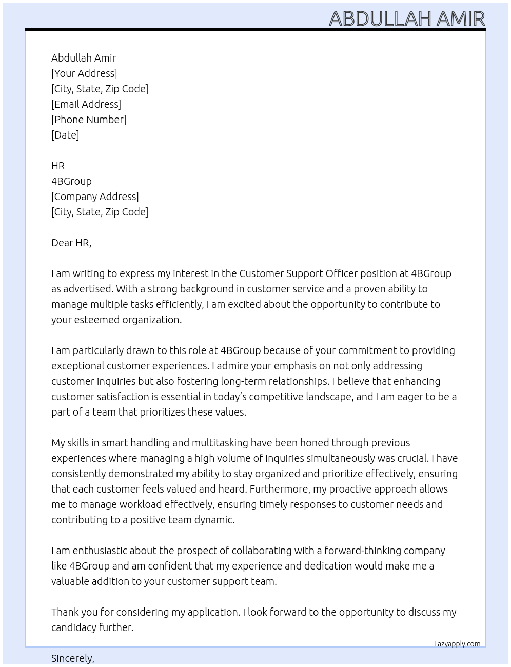 Cover letter for customer support officer - LazyApply