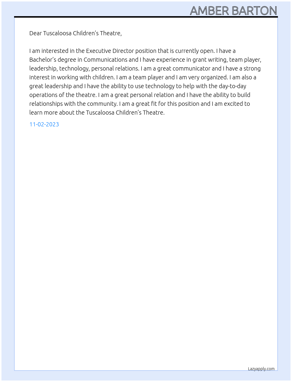Executive Director At Tuscaloosa Children’s Theatre Cover Letter