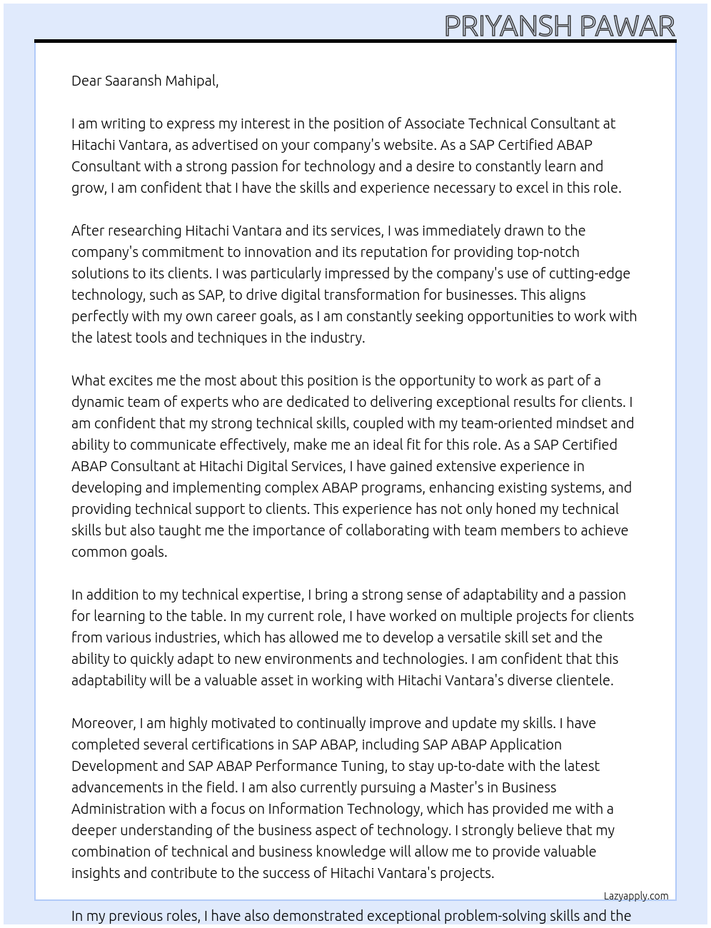 Associate Technical Consultant  At Hitachi Vantara Cover Letter