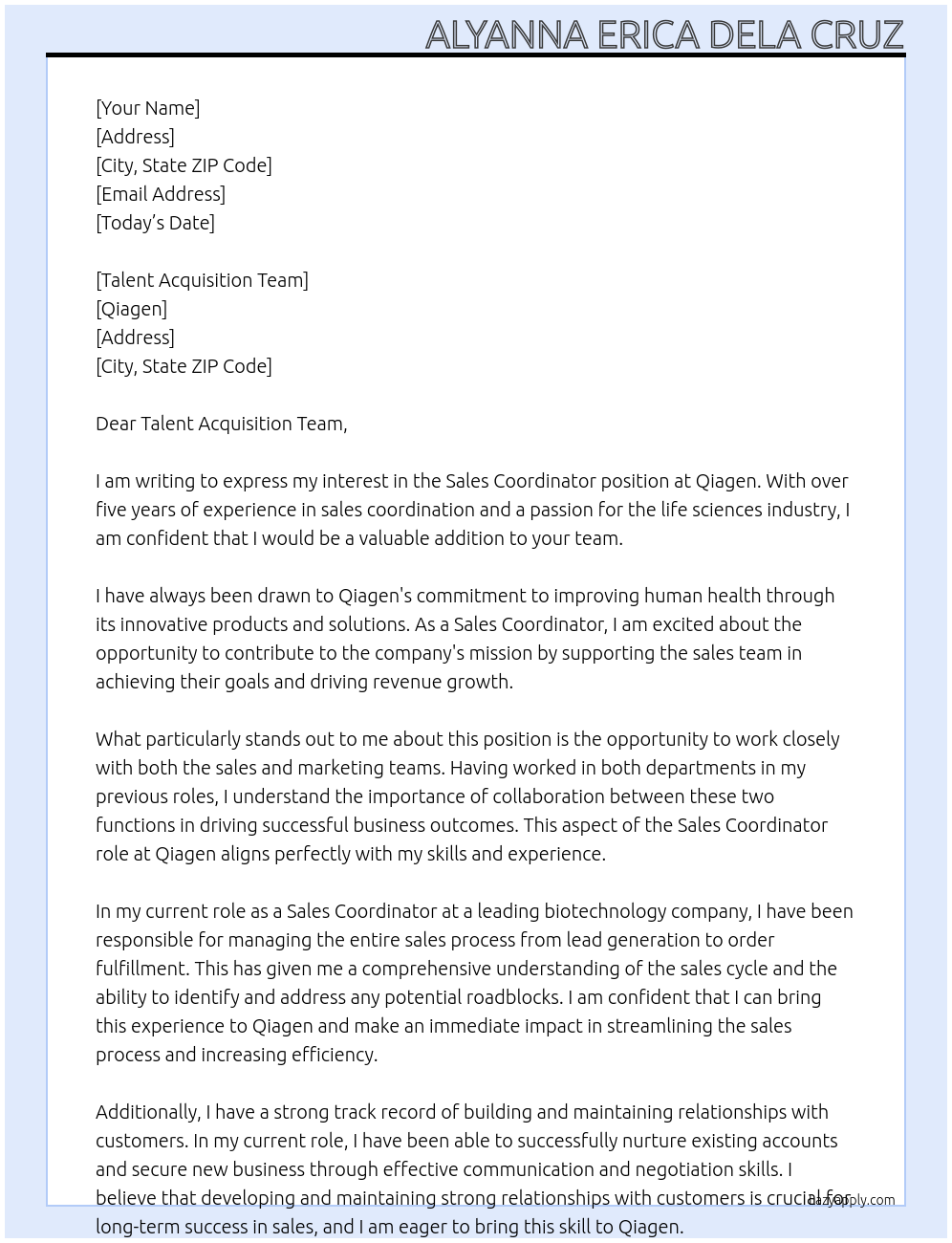 Sales Coordinator At Qiagen Cover Letter