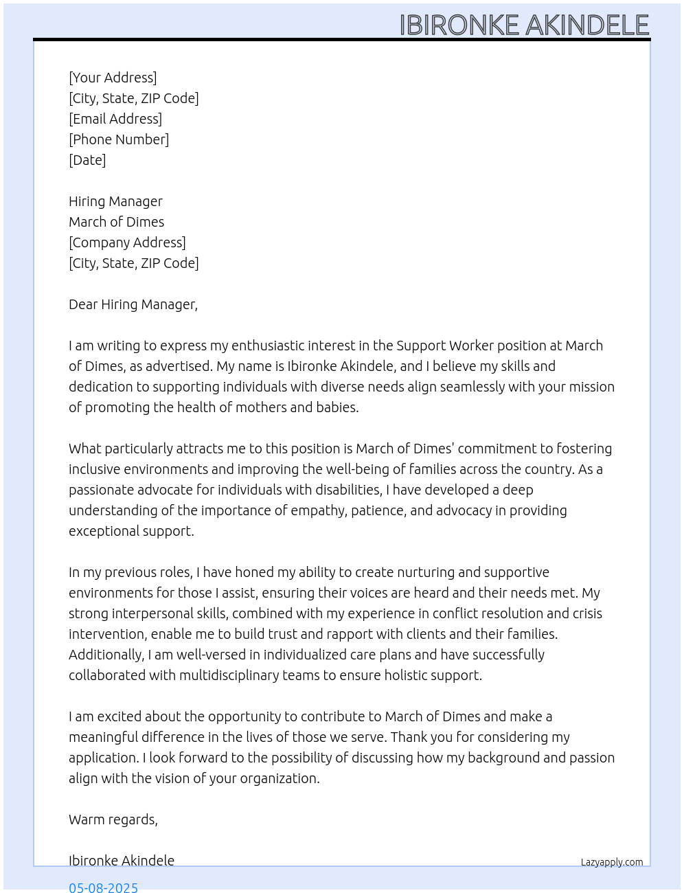 Support Worker At March of Dimes Cover Letter