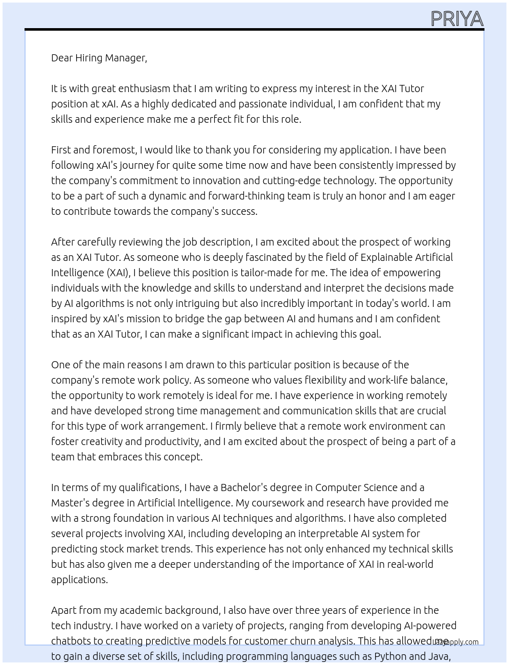 XAI Tutor At xAI Cover Letter