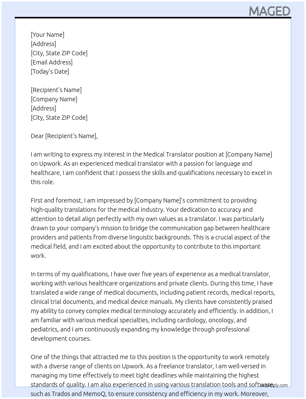 medical translator At upwork Cover Letter