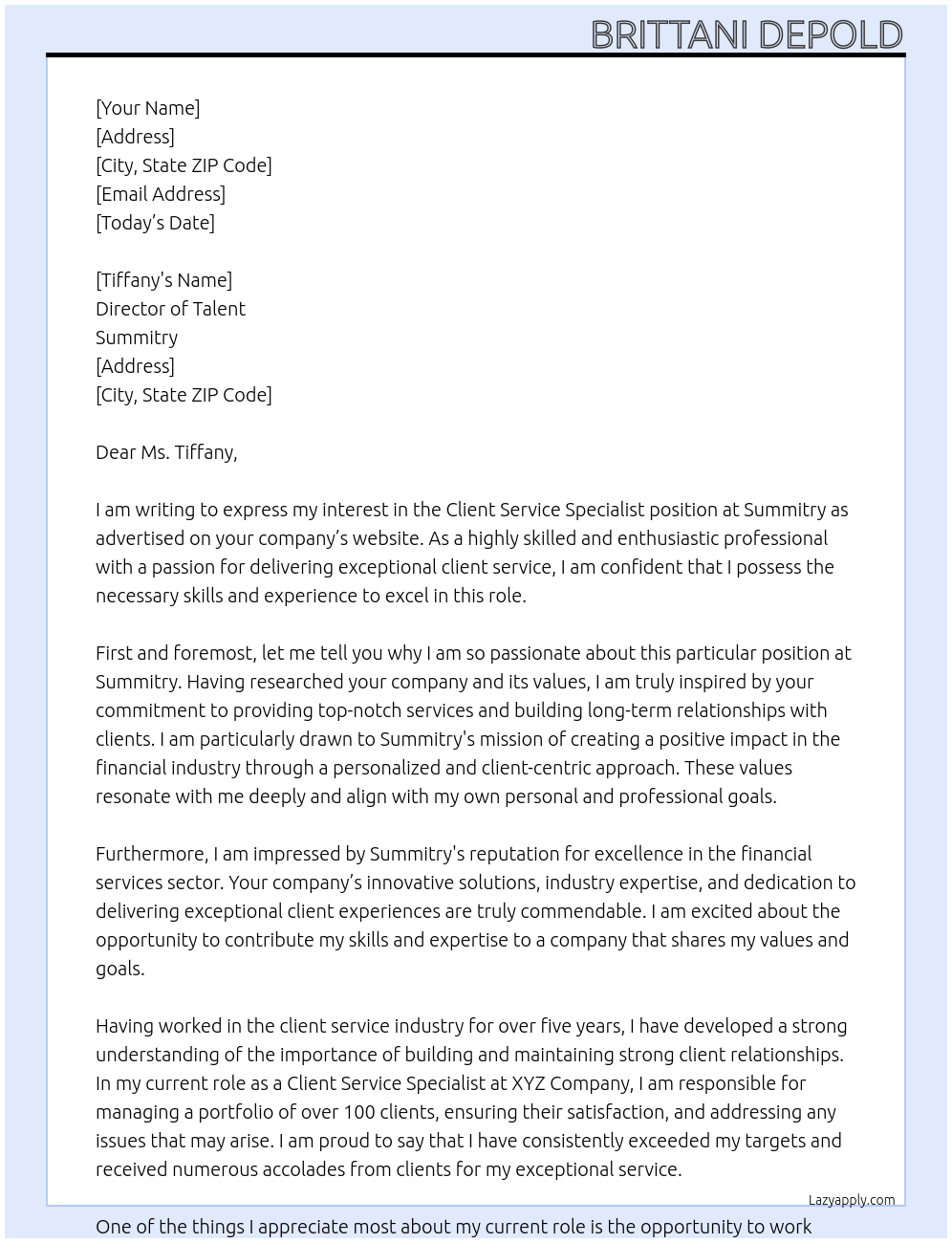 Client Service Specialist At Summitry Cover Letter