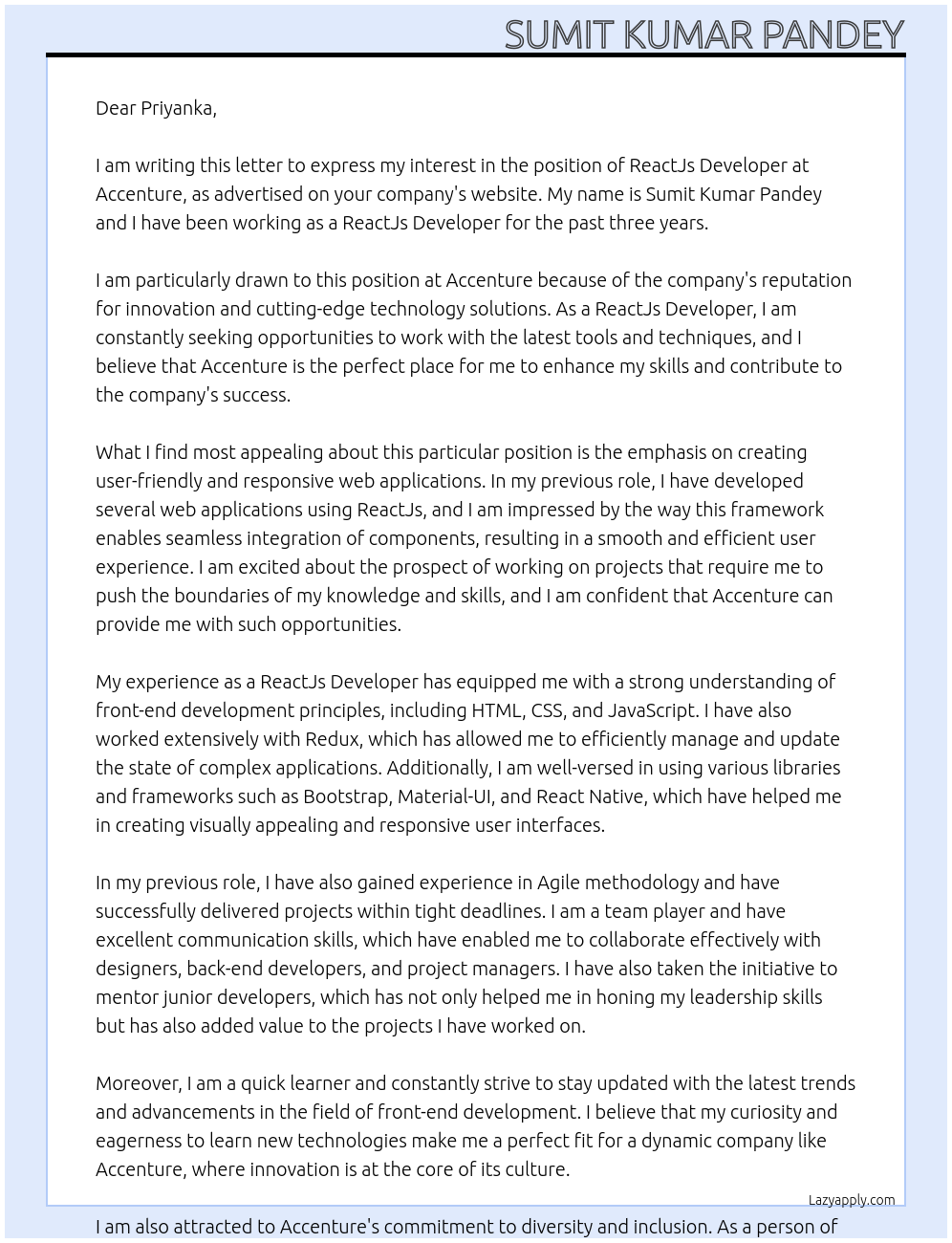 ReactJs Developer At Accenture Cover Letter
