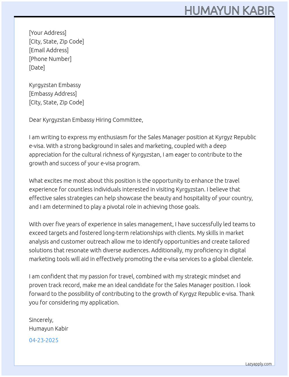 Sales Manager At KYRGYZ REPUBLIC e-visa Cover Letter