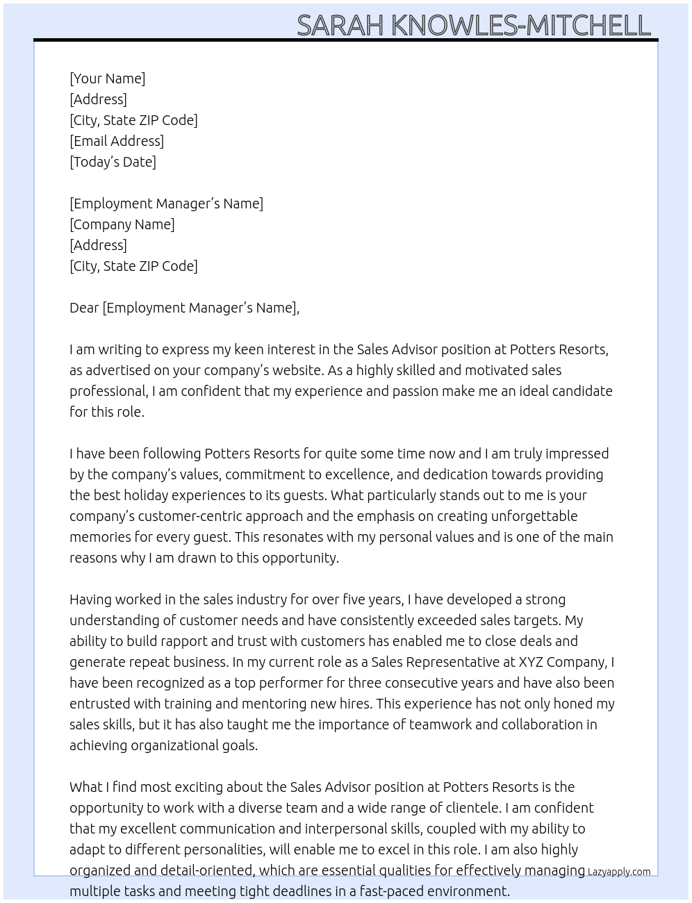 Sales advisor At Potters resorts Cover Letter