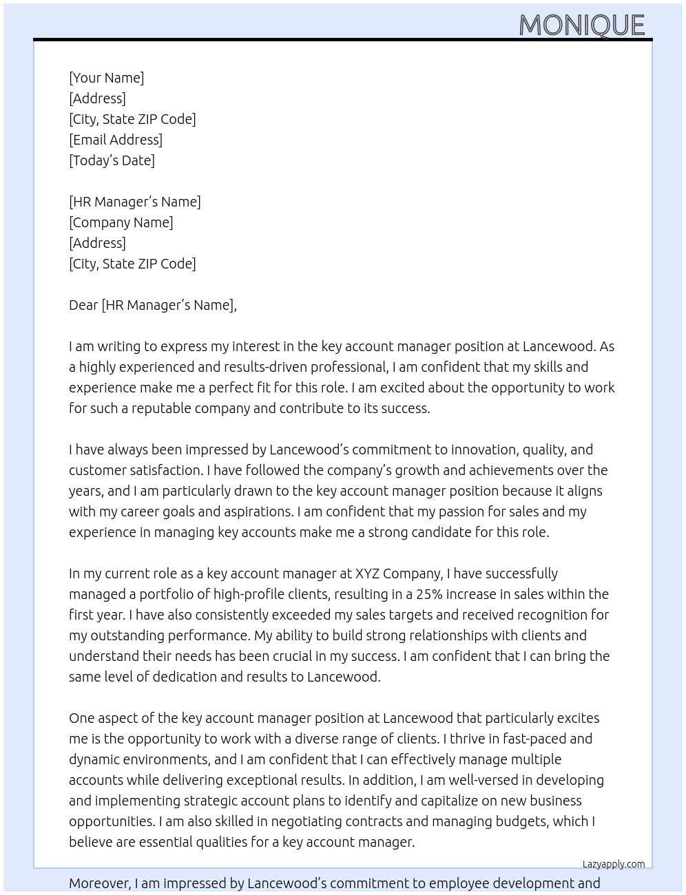 key account manager At lancewood Cover Letter