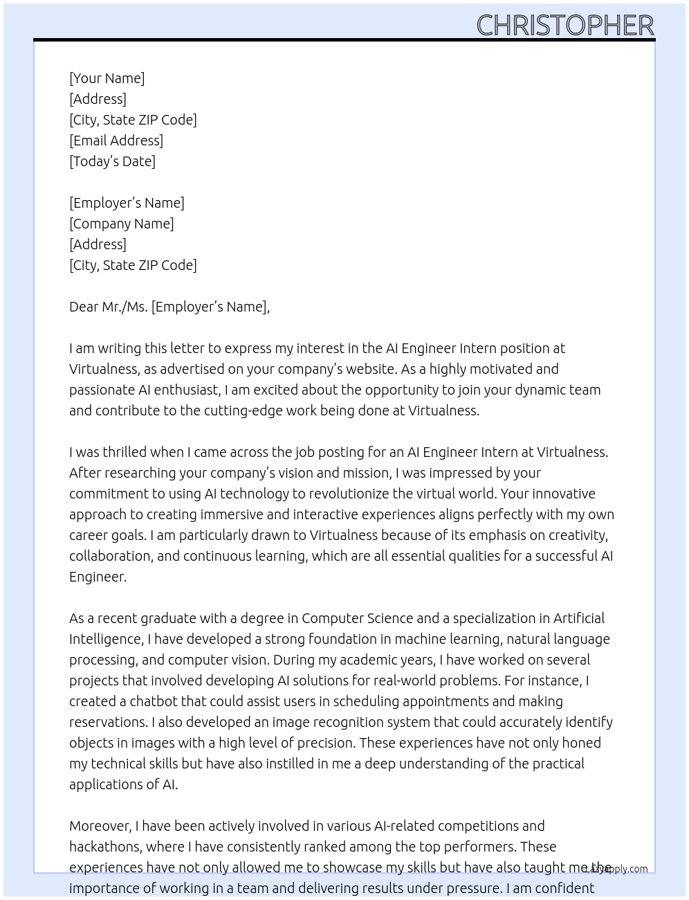 AI Engineer Intern At Virtualness Cover Letter