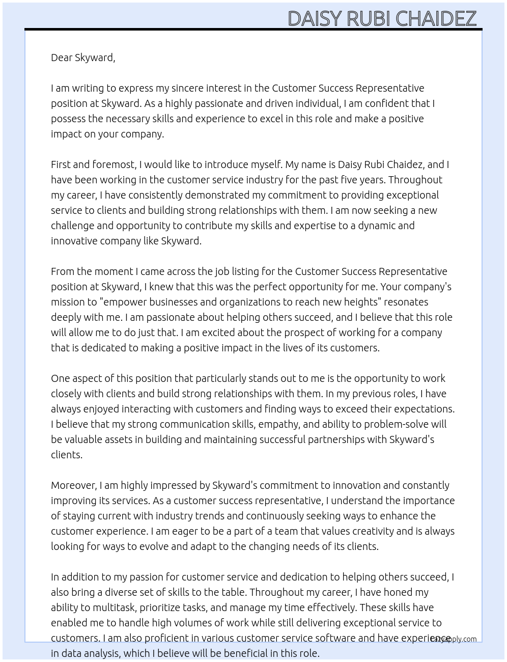 Customer success representative At Skyward Cover Letter