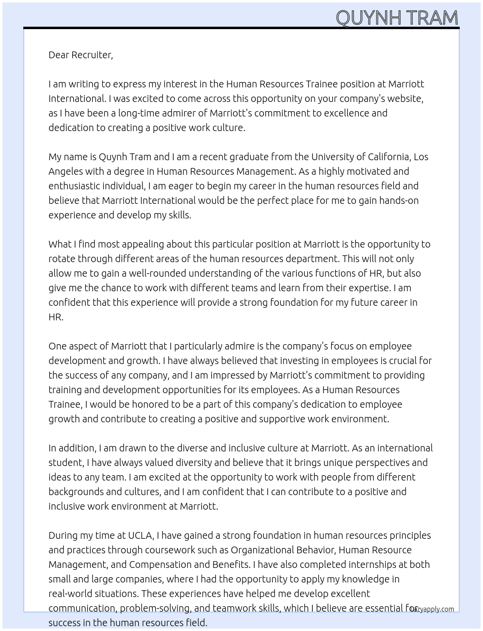 Human resources Trainee At Marriott International Cover Letter