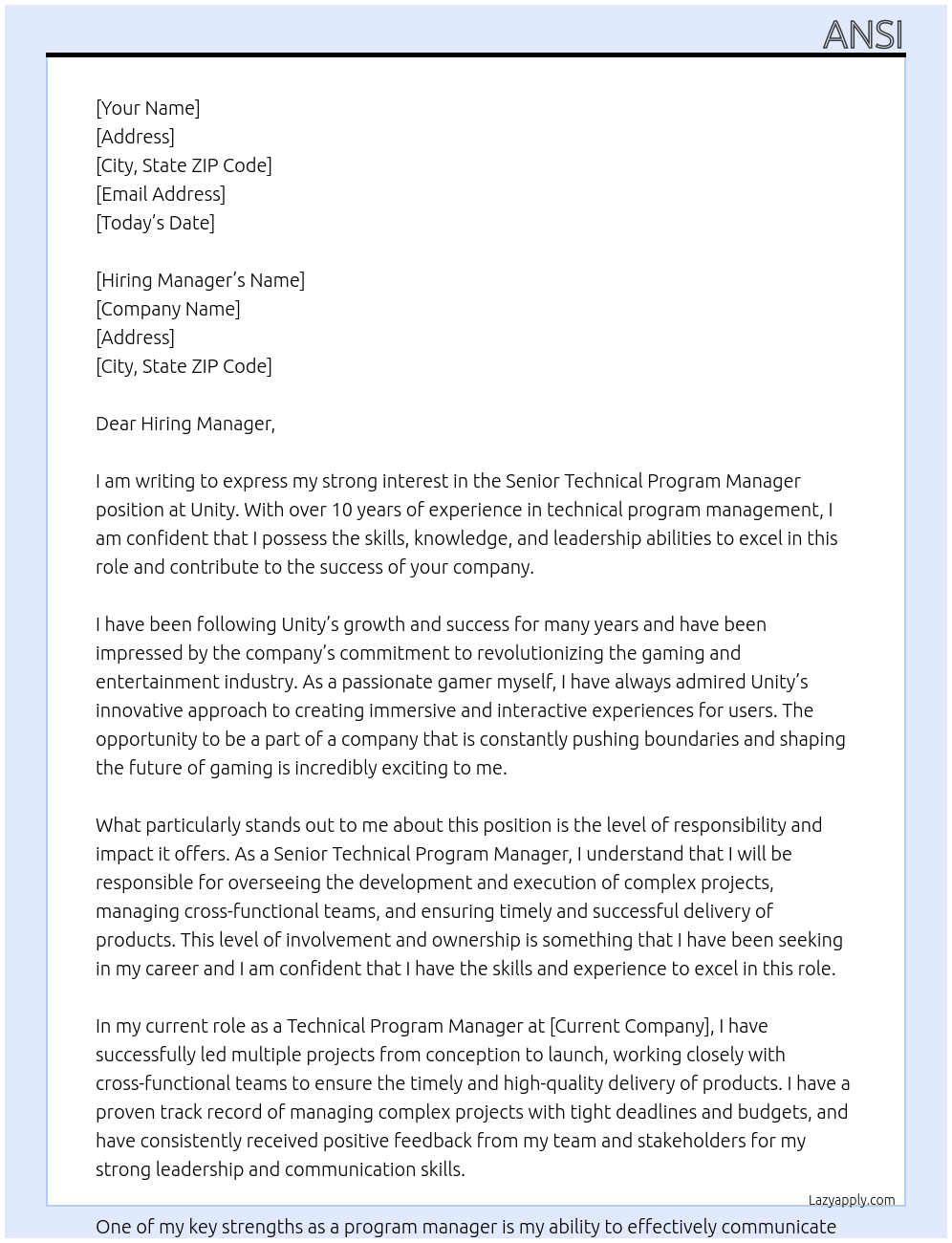 Senior Technical Program Manager At Unity Cover Letter