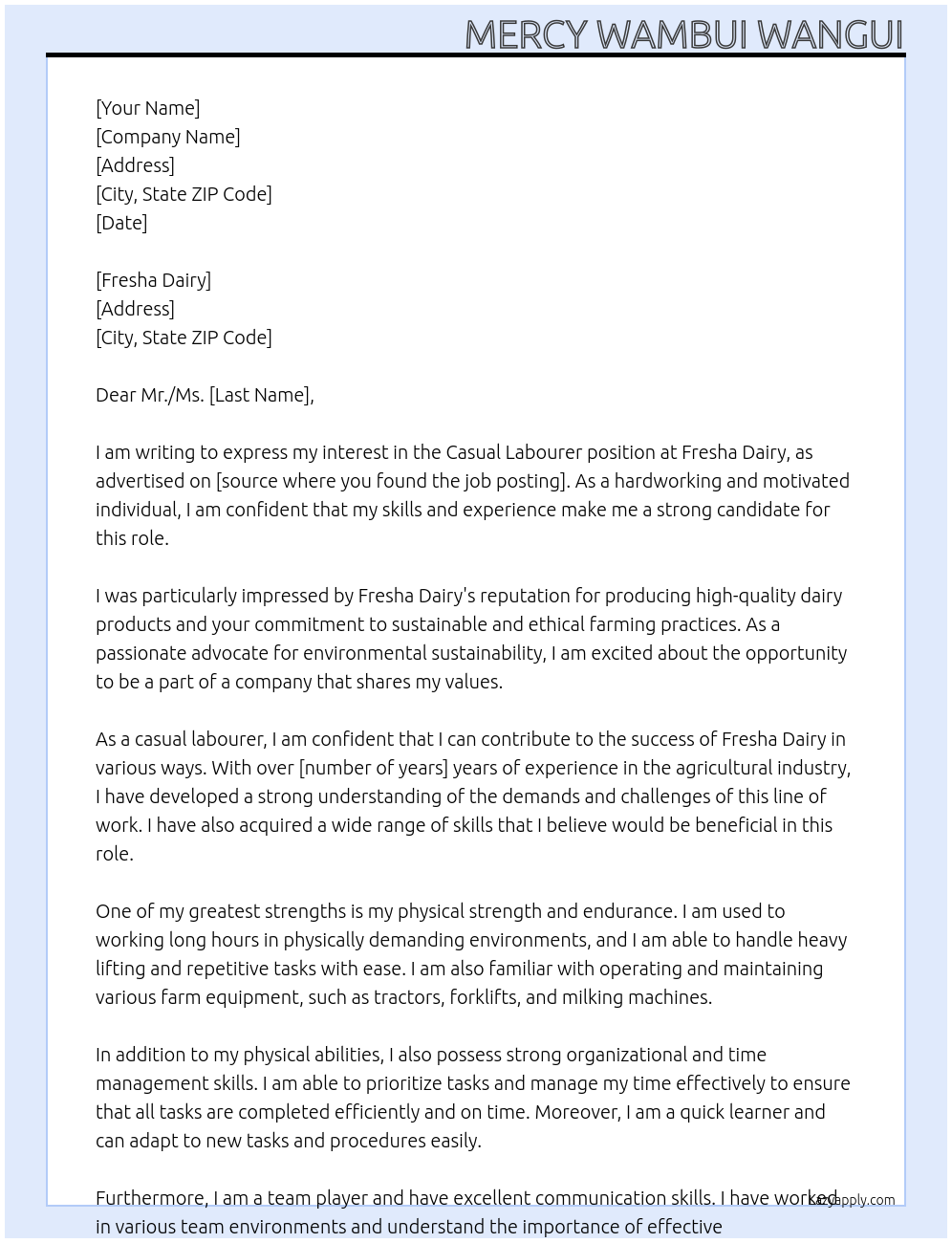 casual labourer At mercy wambui wangui Cover Letter