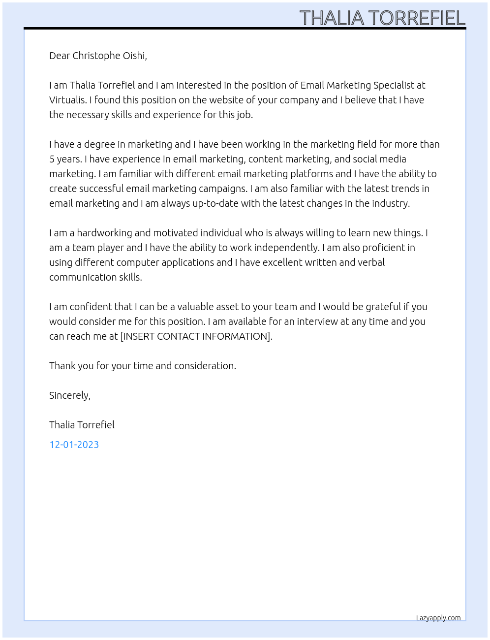 EmaIL Marketing Specialist At Virtualis  Cover Letter