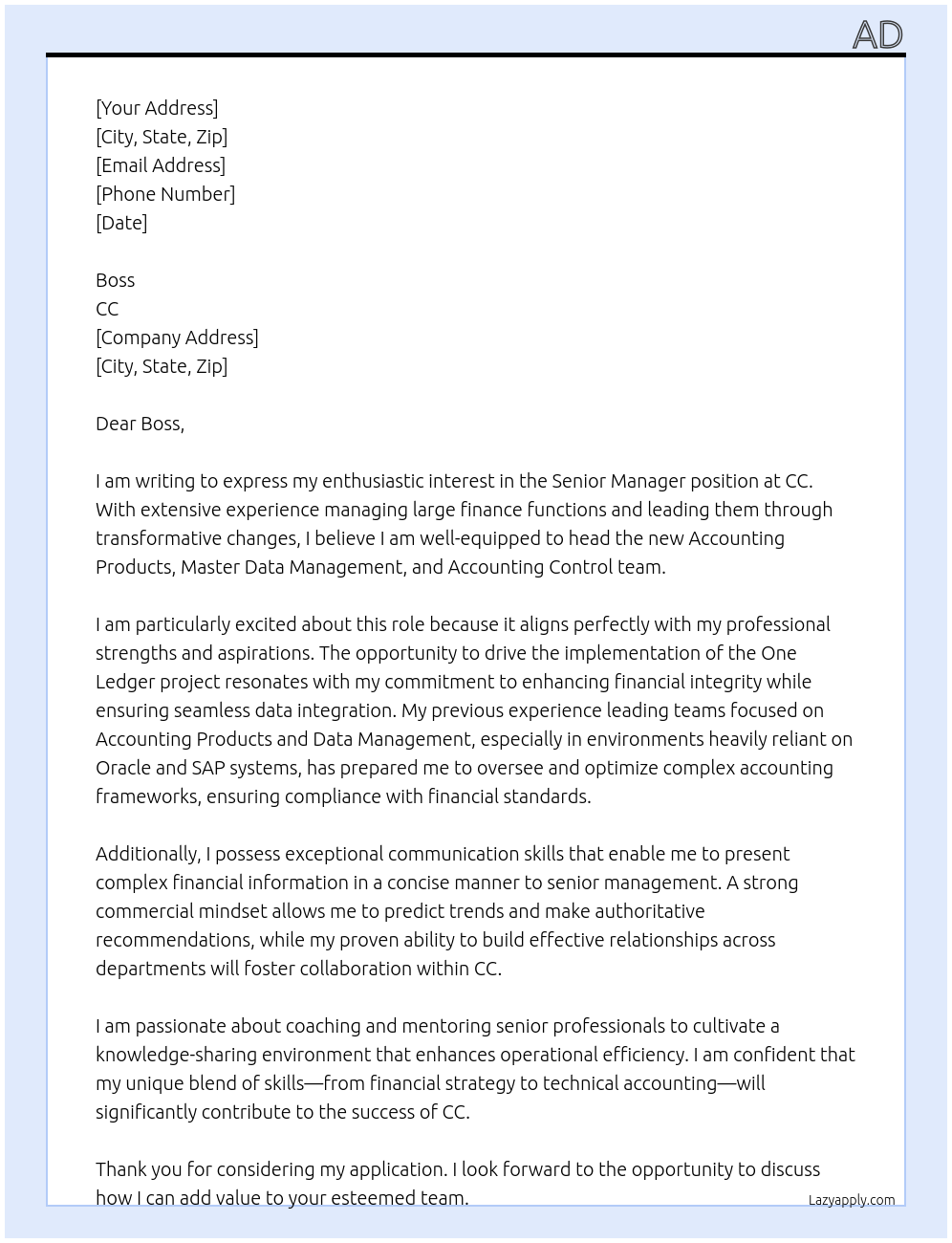 Senior Manager At cc Cover Letter