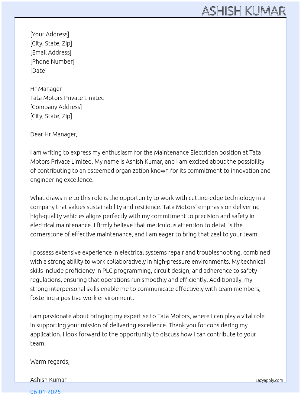 Cover letter for maintenance electrician - LazyApply