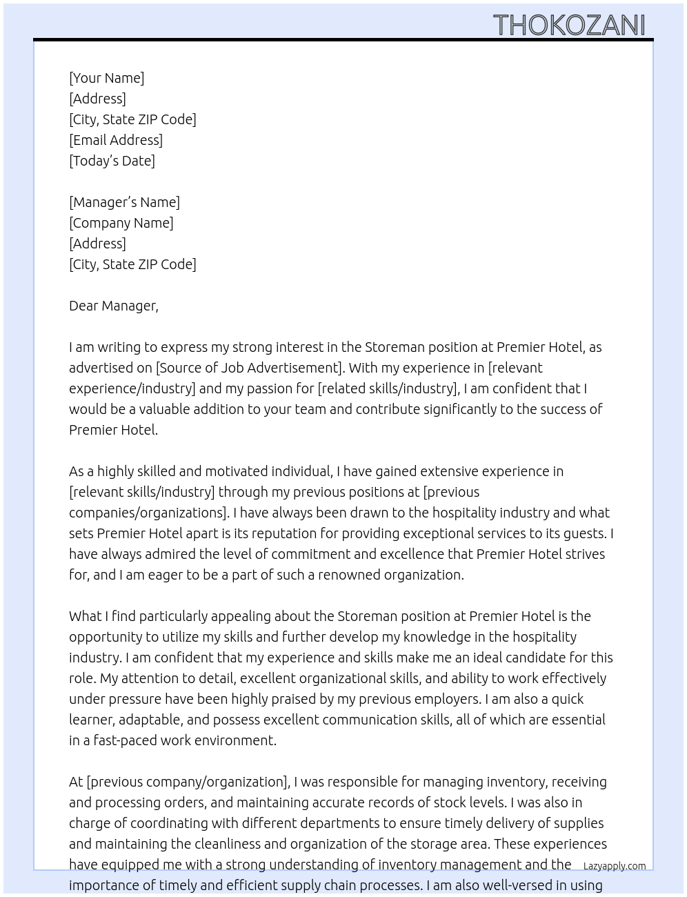 Storeman At Premier Hotel Cover Letter