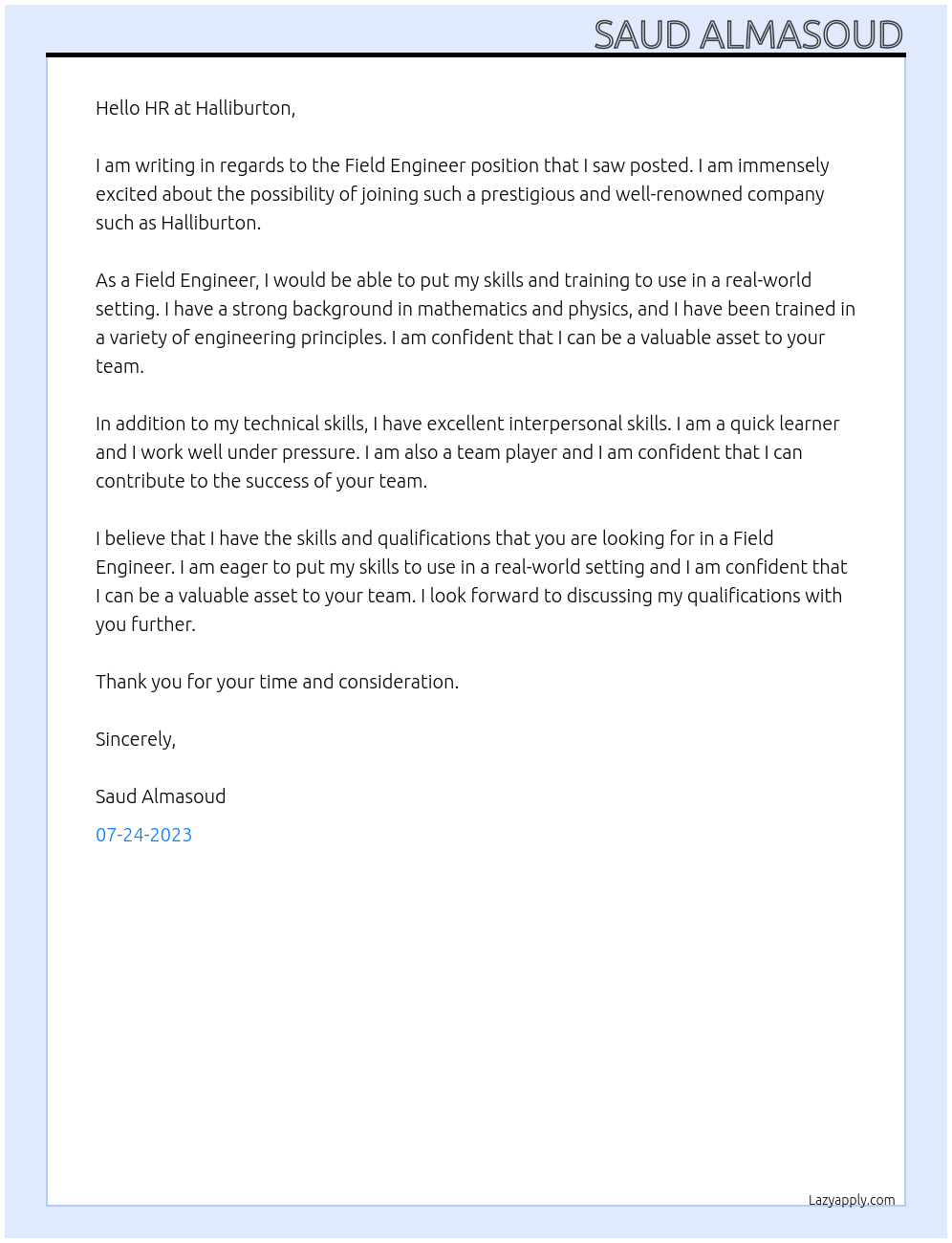 Field Engineer At Halliburton Cover Letter