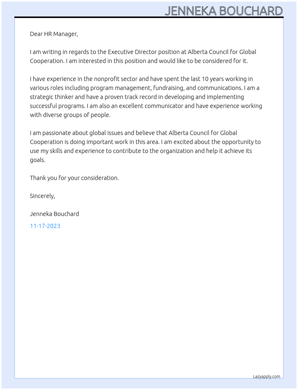 Executive Director At Alberta Council for Global Cooperation Cover Letter