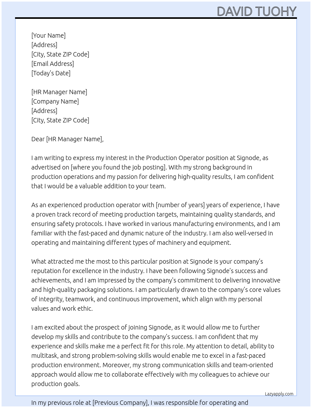Production Operator At Signode Cover Letter