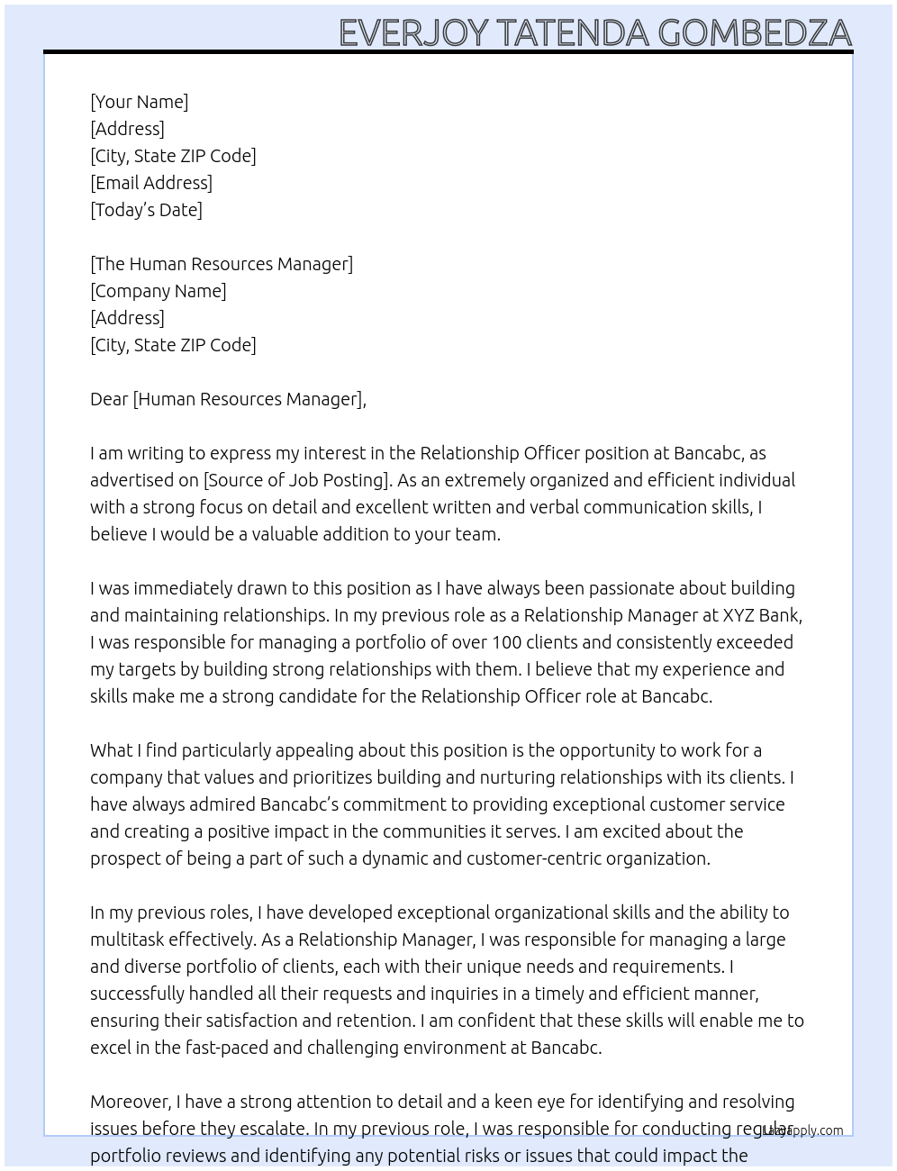 Relationship officer At Bancabc Cover Letter