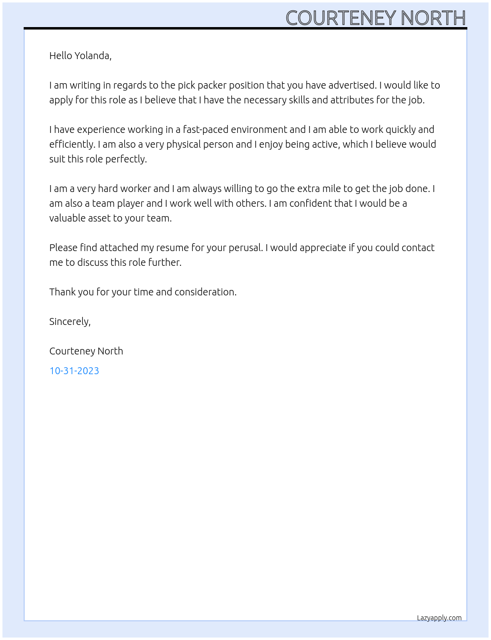 Pick Packer At Green Light Cover Letter