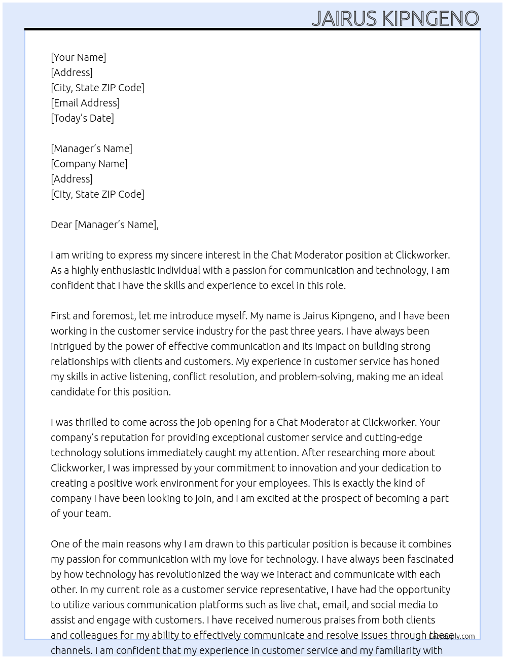 chat moderator At clickworker Cover Letter