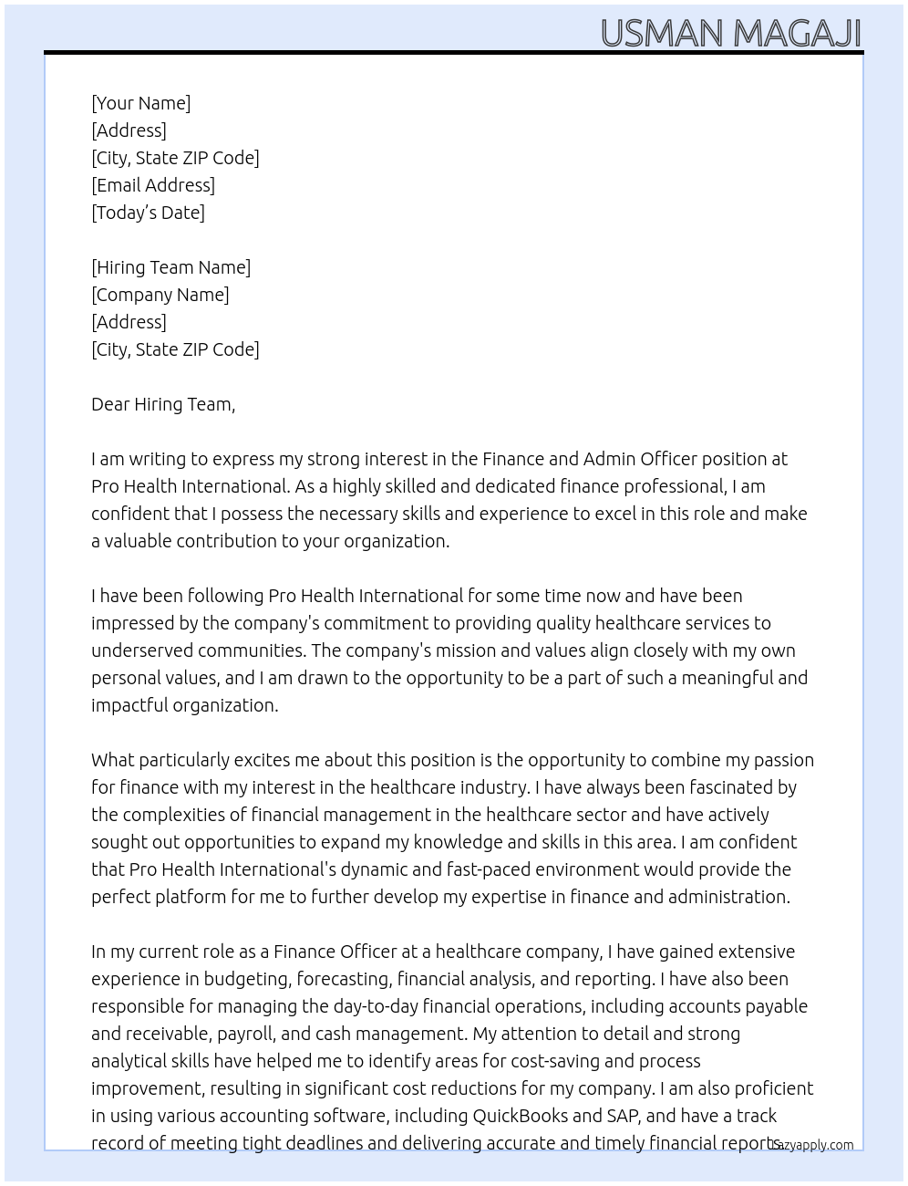 Cover letter for finance and admin officer - LazyApply