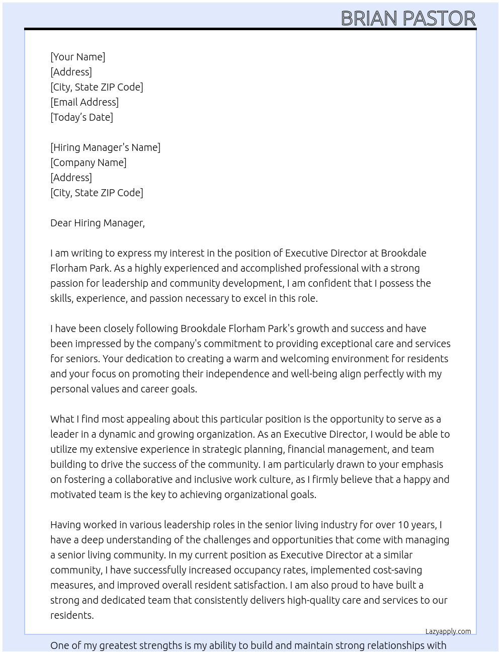 Executive Director At Brookdale Florham Park Cover Letter