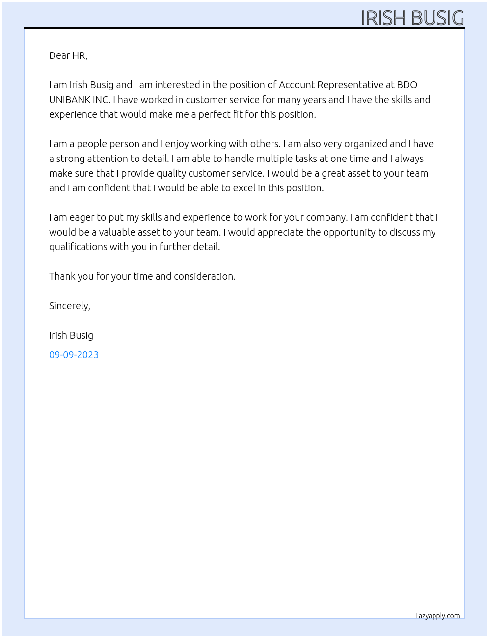 Account Representative At BDO UNIBANK INC Cover Letter