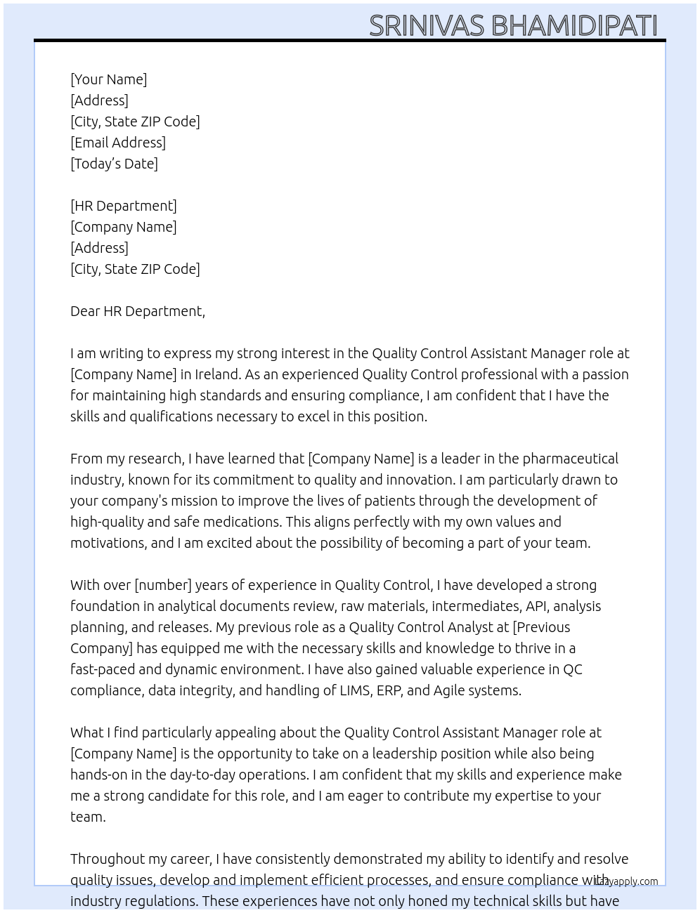 Quality control At Ireland Cover Letter