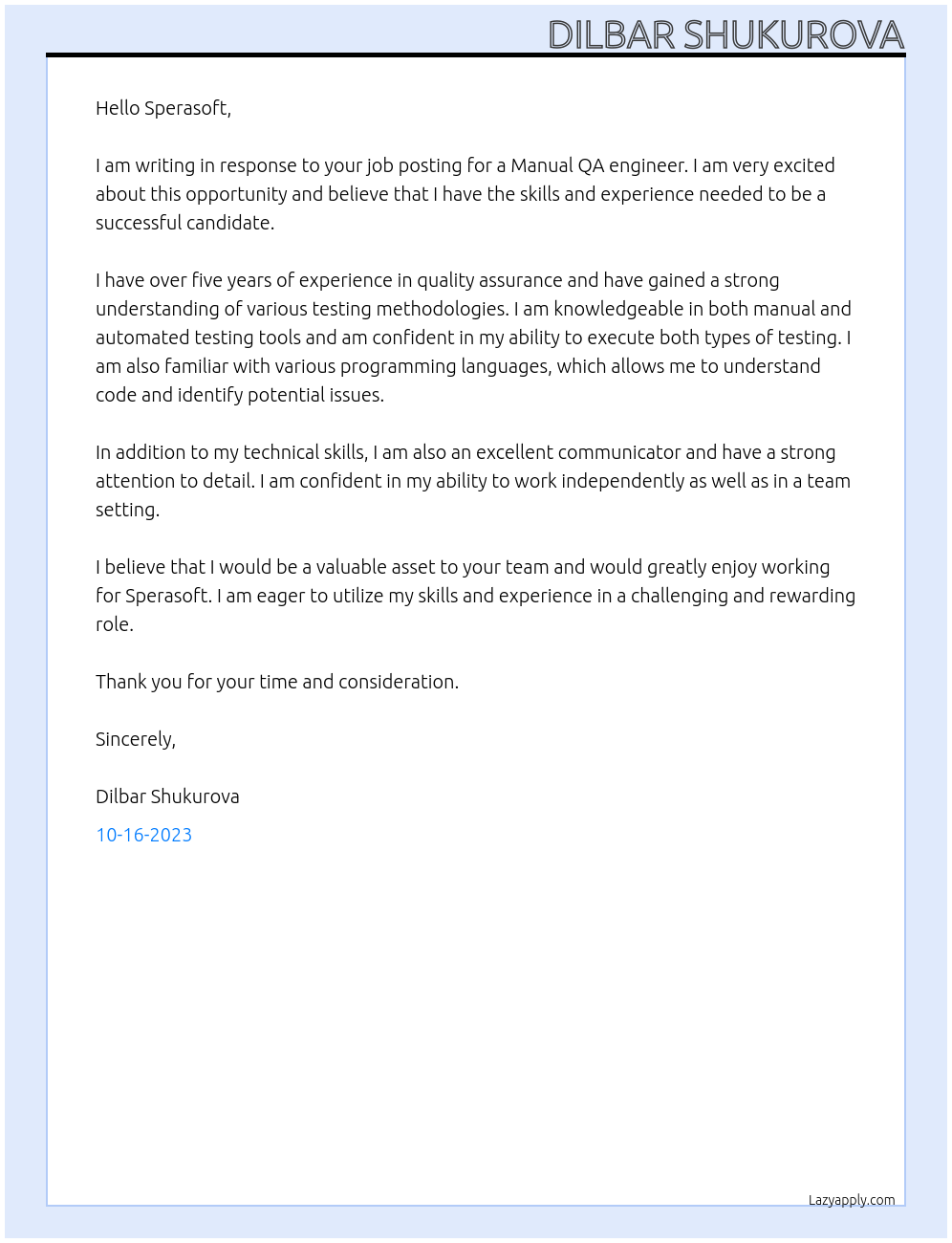 Manual QA engineer At Sperasoft Cover Letter