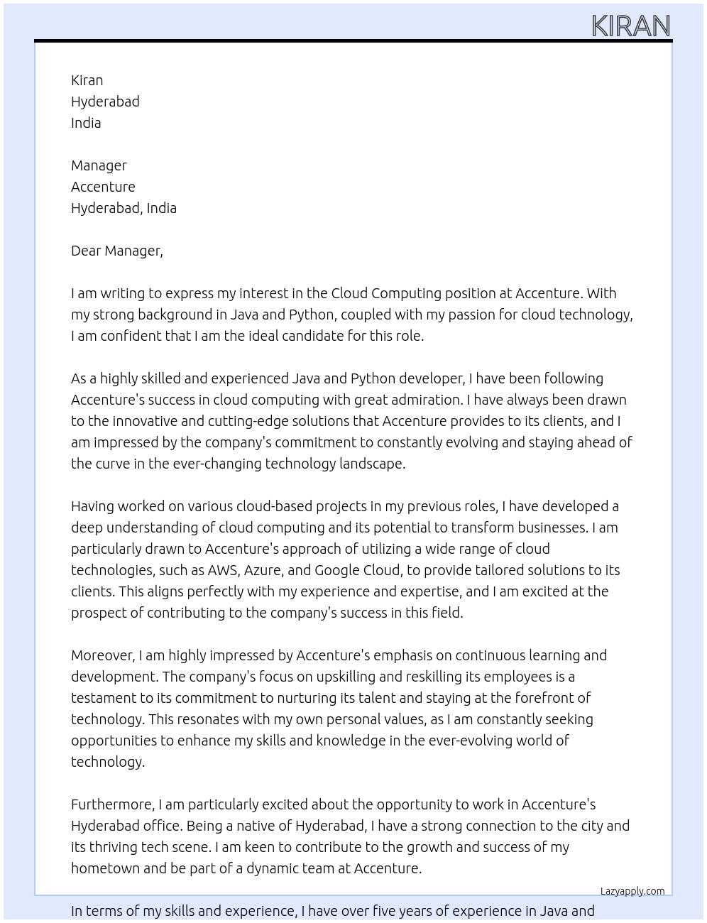 Cloud computing  At Accenture  Cover Letter