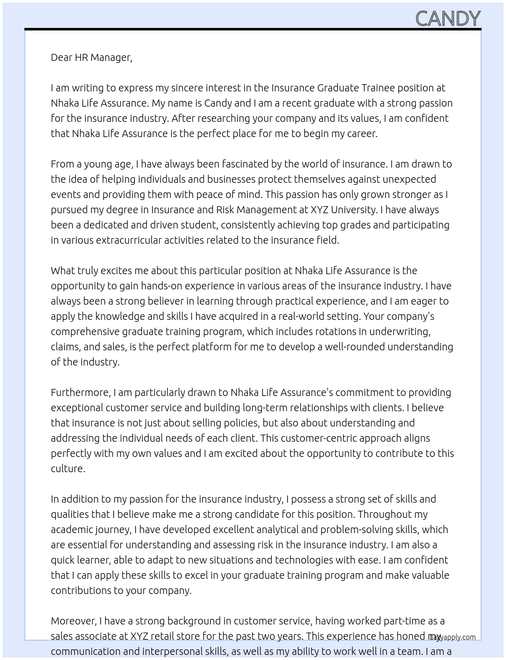 Insurance graduate trainee At Nhaka life assurance Cover Letter