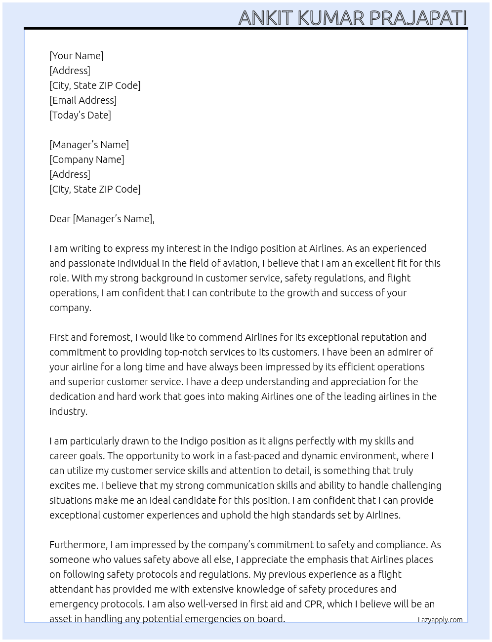 Indigo At Airlines Cover Letter