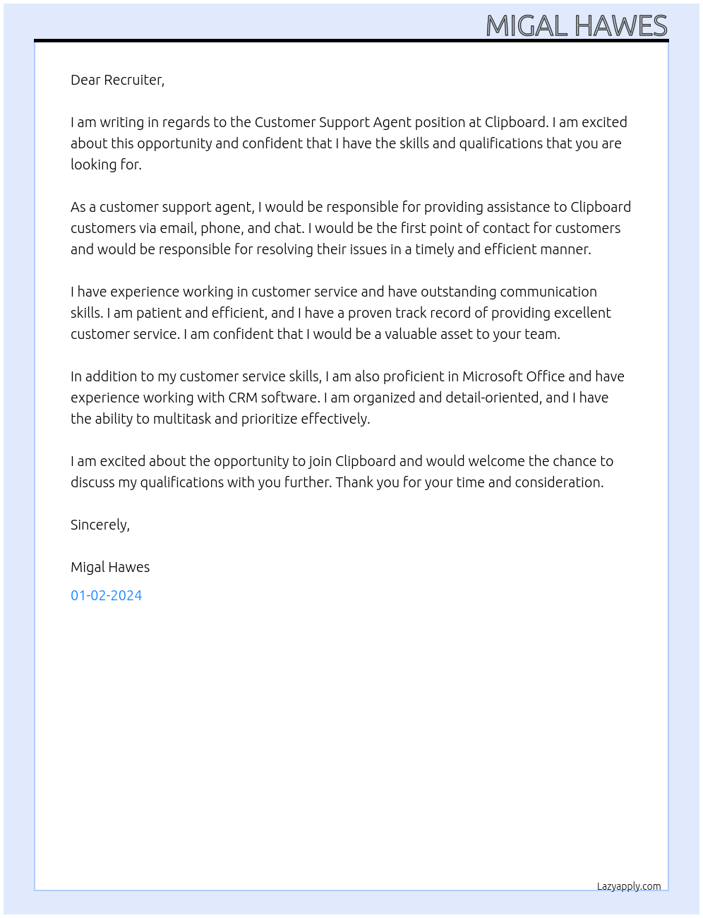 Customer Support Agent At Clipboard Cover Letter