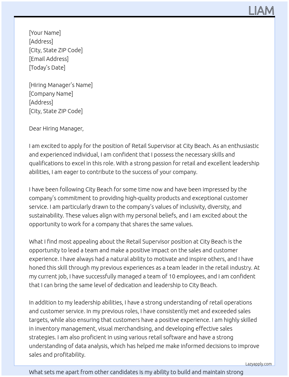 Retail Supervisor At City Beach Cover Letter