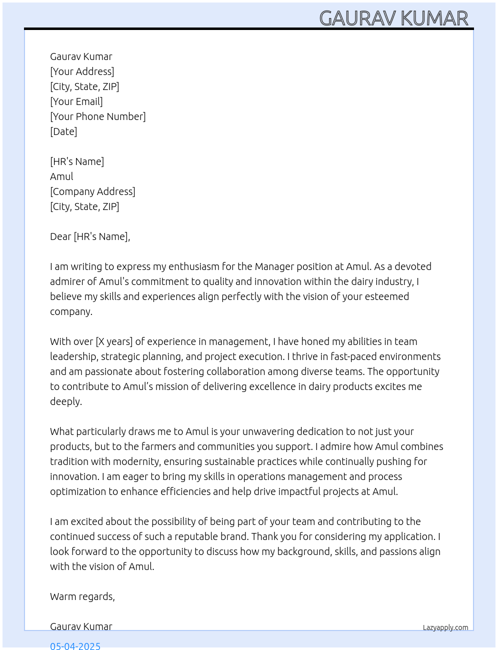 manager  At Amul  Cover Letter