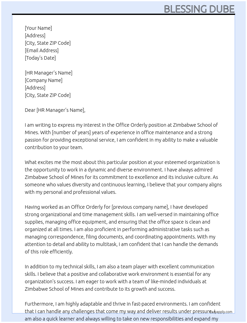 Office Orderly  At Zimbabwe School of Mines Cover Letter