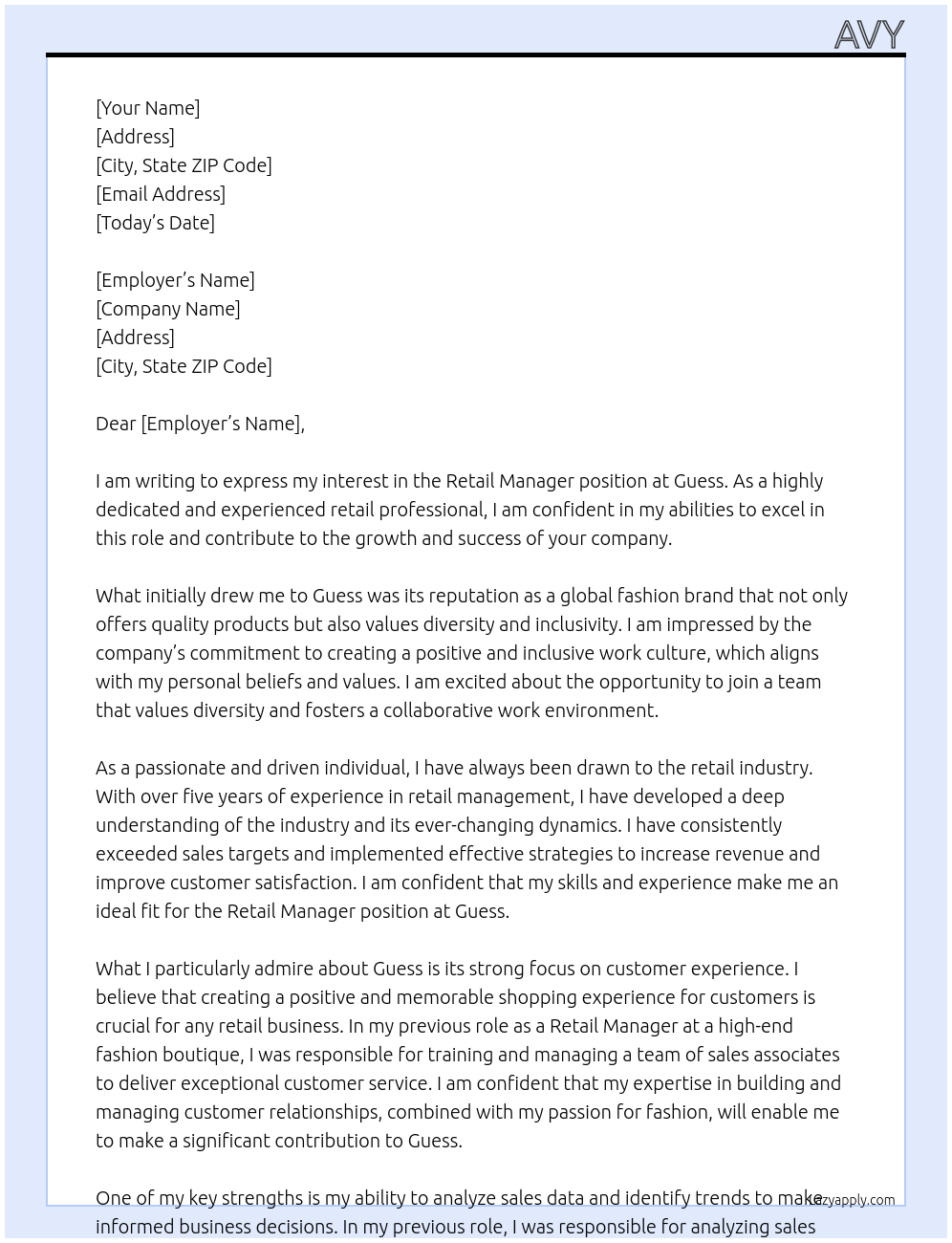 retail manager At guess Cover Letter